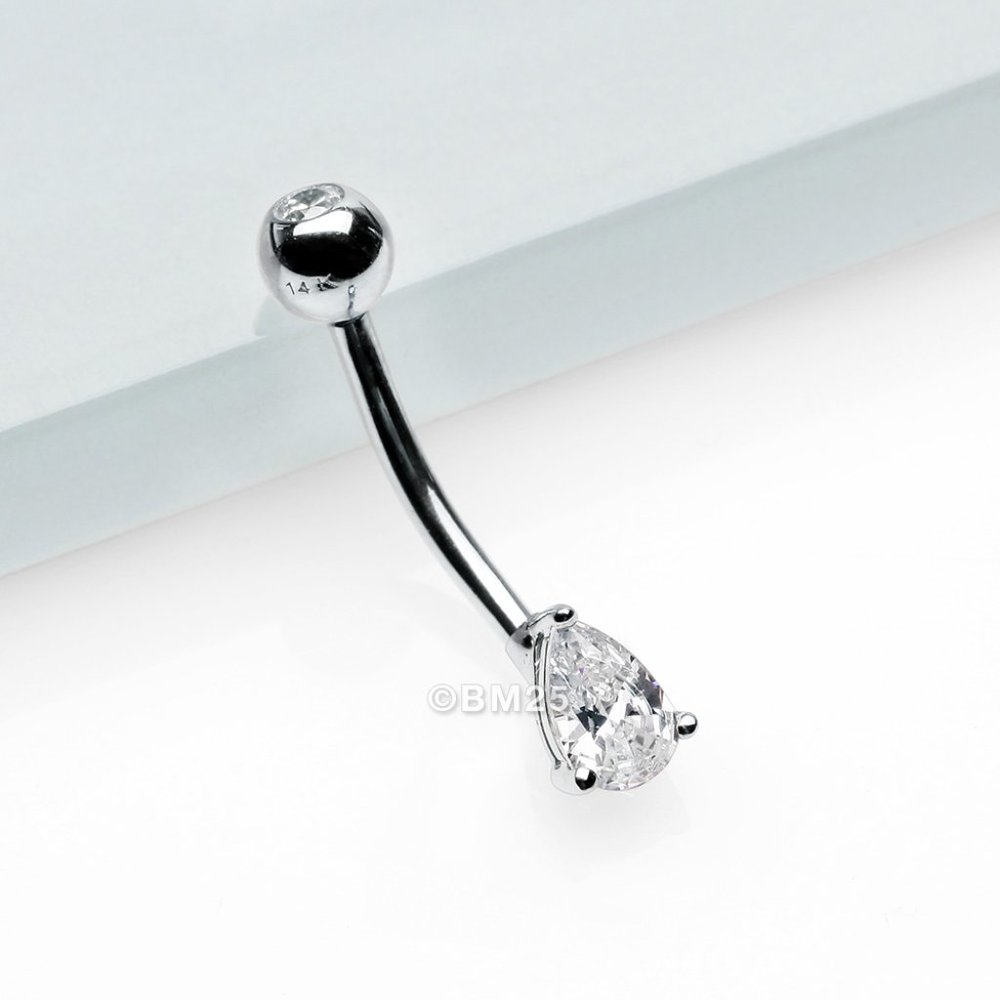 14 Karat White Gold Prong Set Teardrop Gem Belly Button Ring